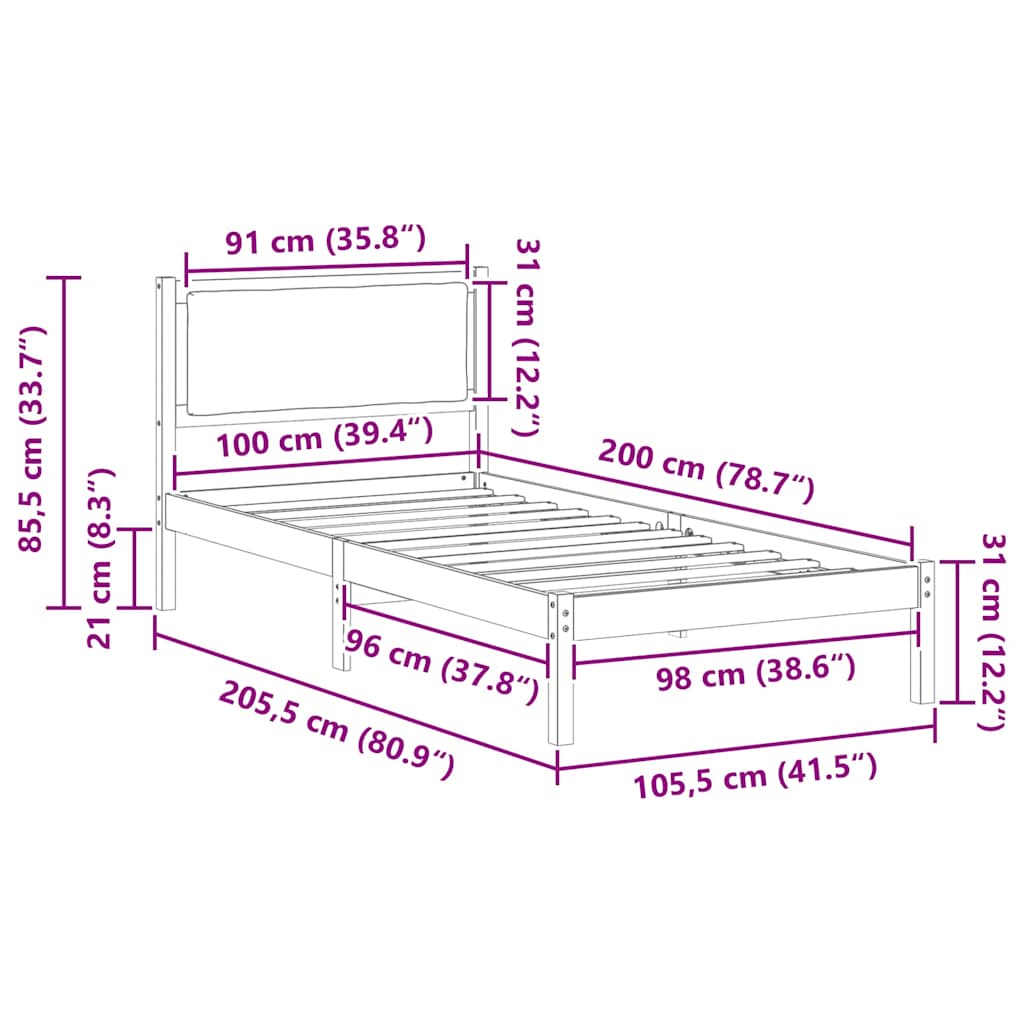 Sängram med huvudgavel Ljusgrå 100 x 200 cm Massiv furu