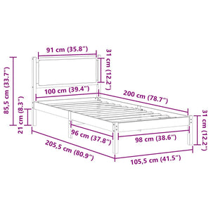 Sängram med huvudgavel Ljusgrå 100 x 200 cm Massiv furu