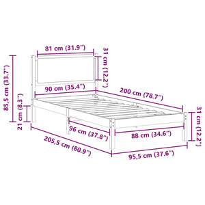 Sängram med huvudgavel Ljusgrå 90 x 200 cm Massiv furu