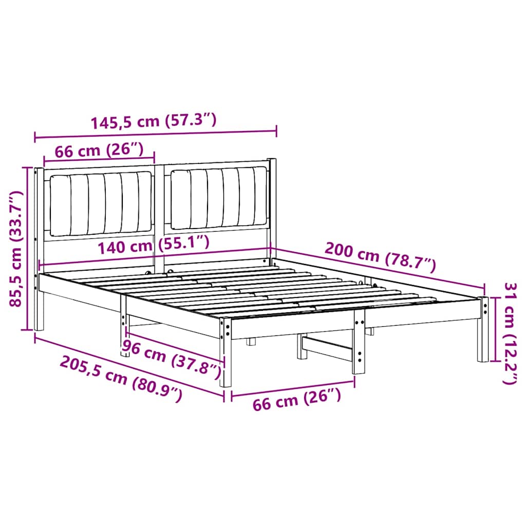 Sängram med Klädd Huvudgavel Svart 140 x 200 cm Massiv furu