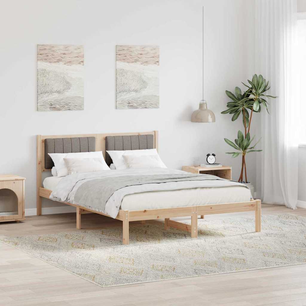 Sängram med Klädd Huvudgavel Taupe 135 x 190 cm Massiv furu