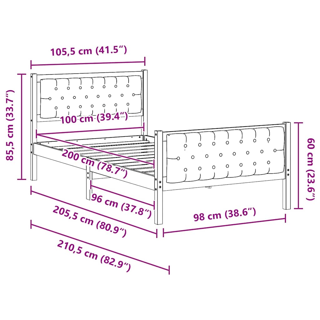 Sängram med huvudgavel Ljusgrå 100 x 200 cm Massiv furu