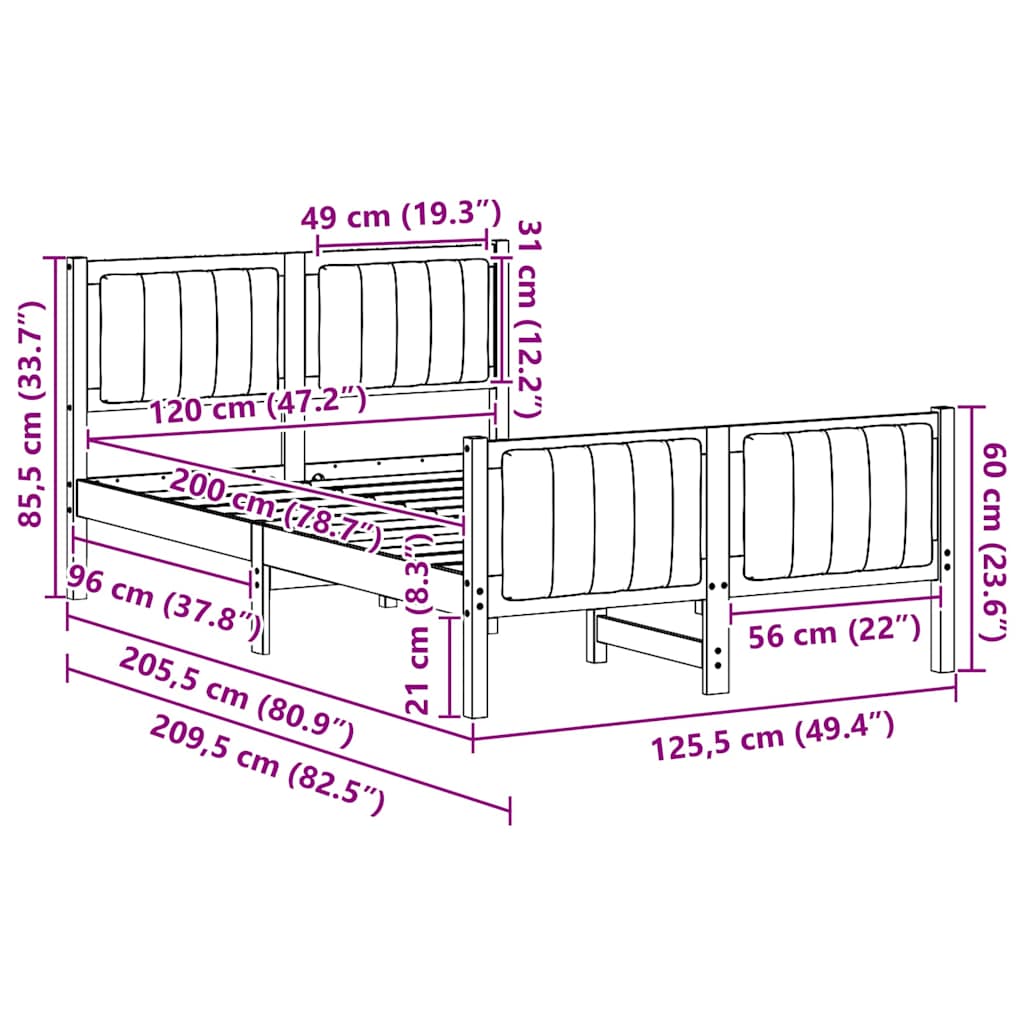 Sängram med huvudgavel Vit och ljusgrå 120 x 200 cm Massiv furu