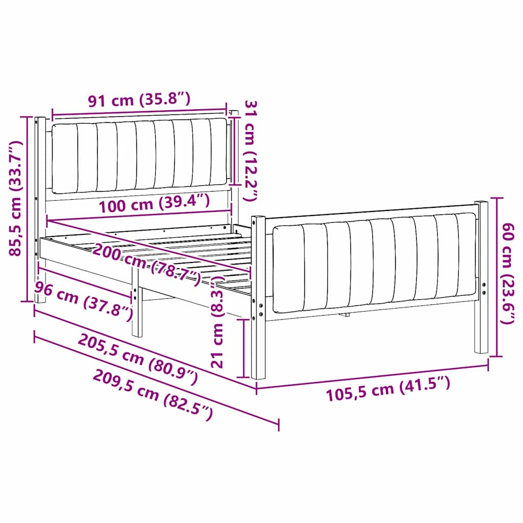 Sängram med huvudgavel Brun och svart 100 x 200 cm Massiv furu