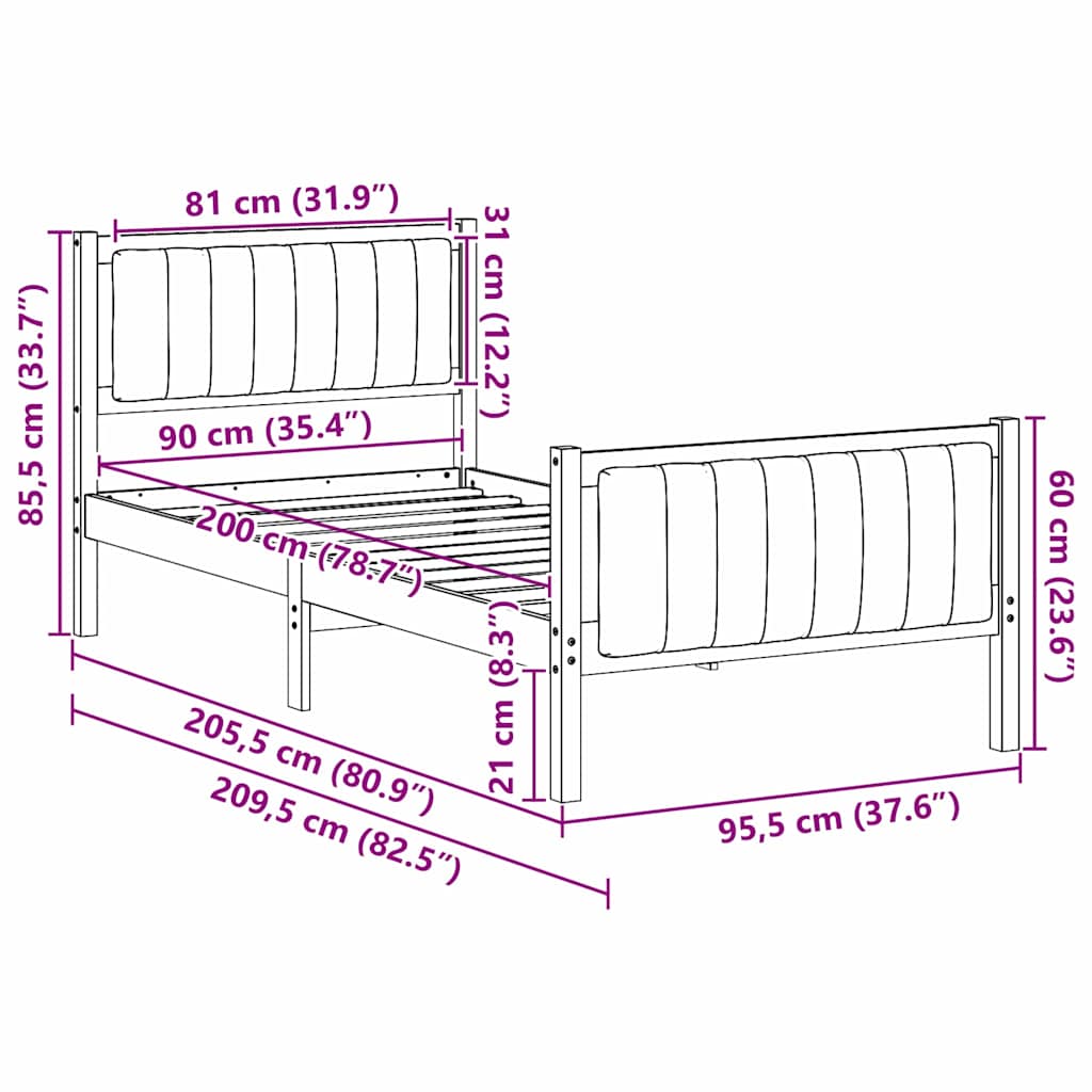 Sängram med huvudgavel Brun och ljusgrå 90 x 200 cm Massiv furu