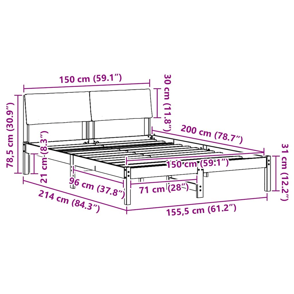 Sängram brun och mörkgrå 150 x 200 cm Massiv furu