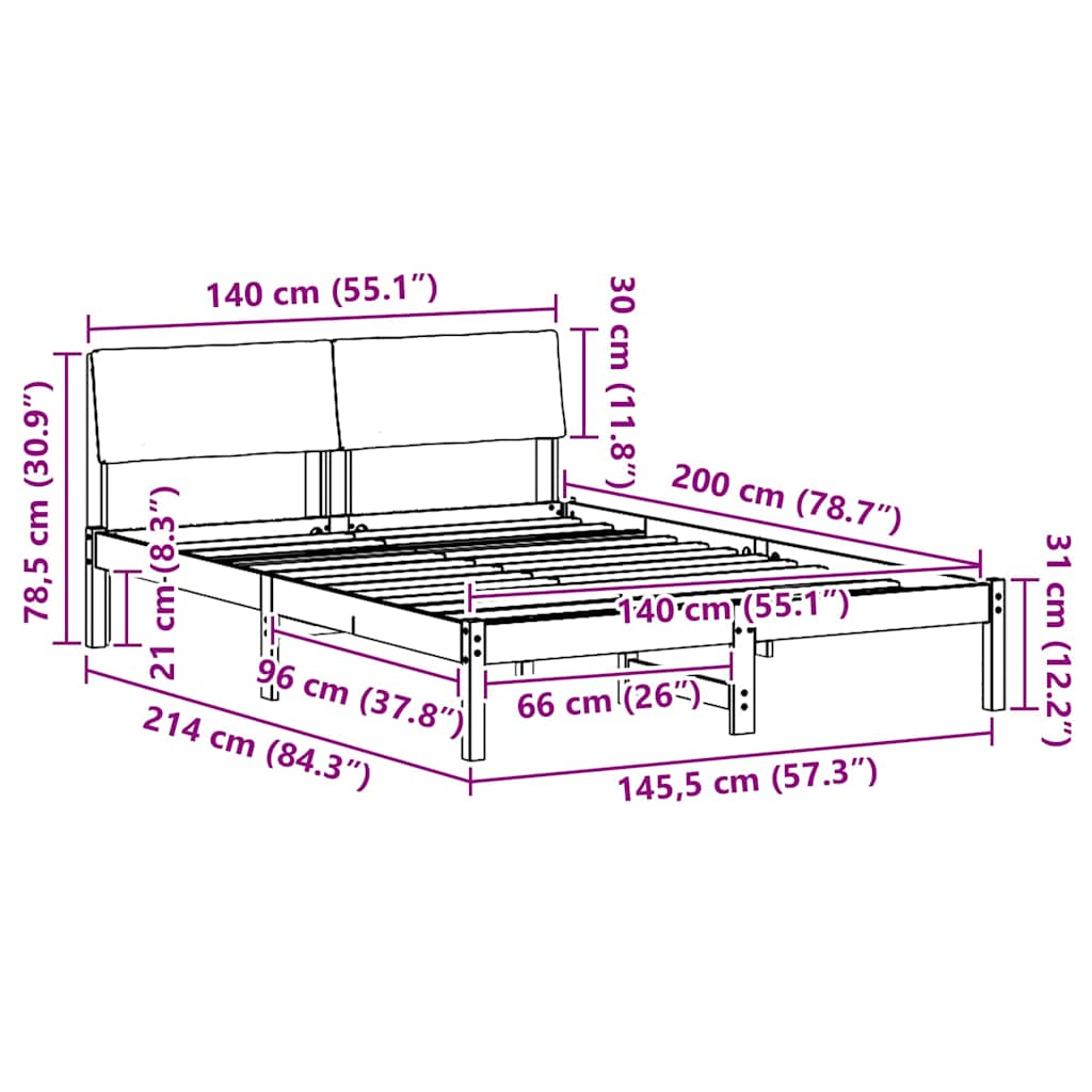 Sängram med huvudgavel Vit och ljusgrå 140 x 200 cm Massiv furu
