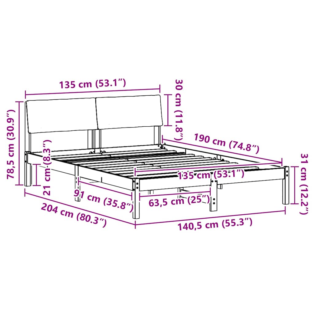 Sängram med huvudgavel Vit och ljusgrå 135 x 190 cm Massiv furu