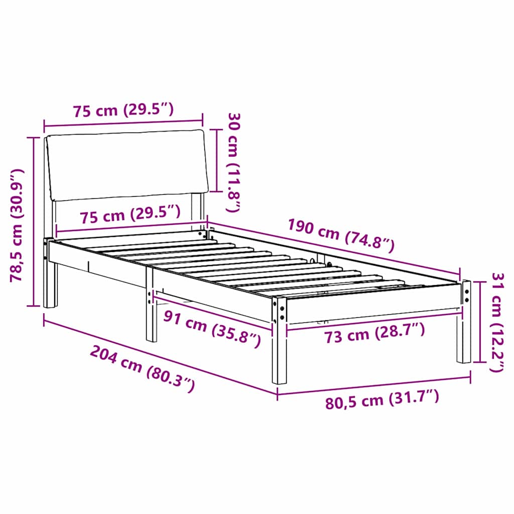 Sängram med huvudgavel Vit och ljusgrå 75 x 190 cm Massiv furu