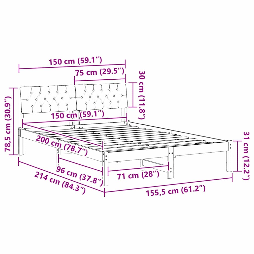 Sängram med huvudgavel Brun och taupe 150 x 200 cm Massiv furu