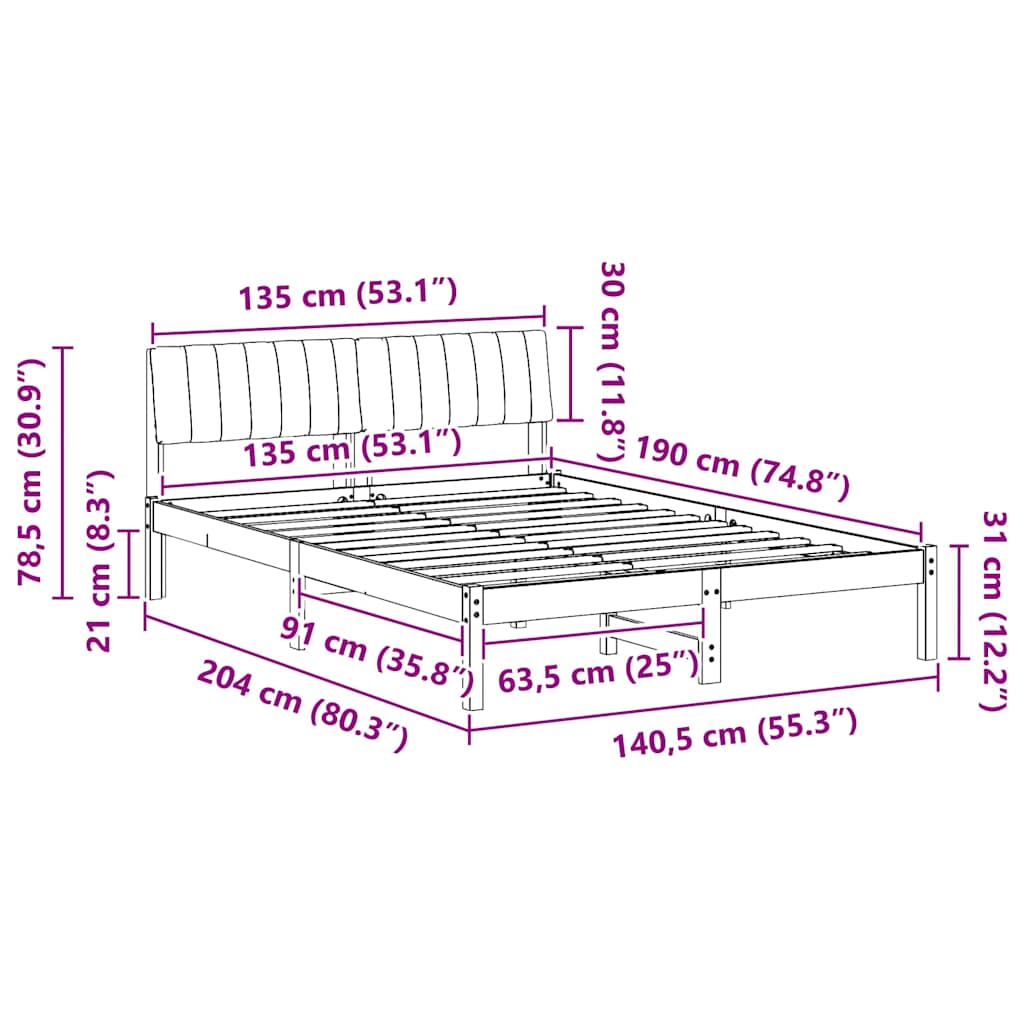 Sängram med huvudgavel Vit och ljusgrå 135 x 190 cm Massiv furu