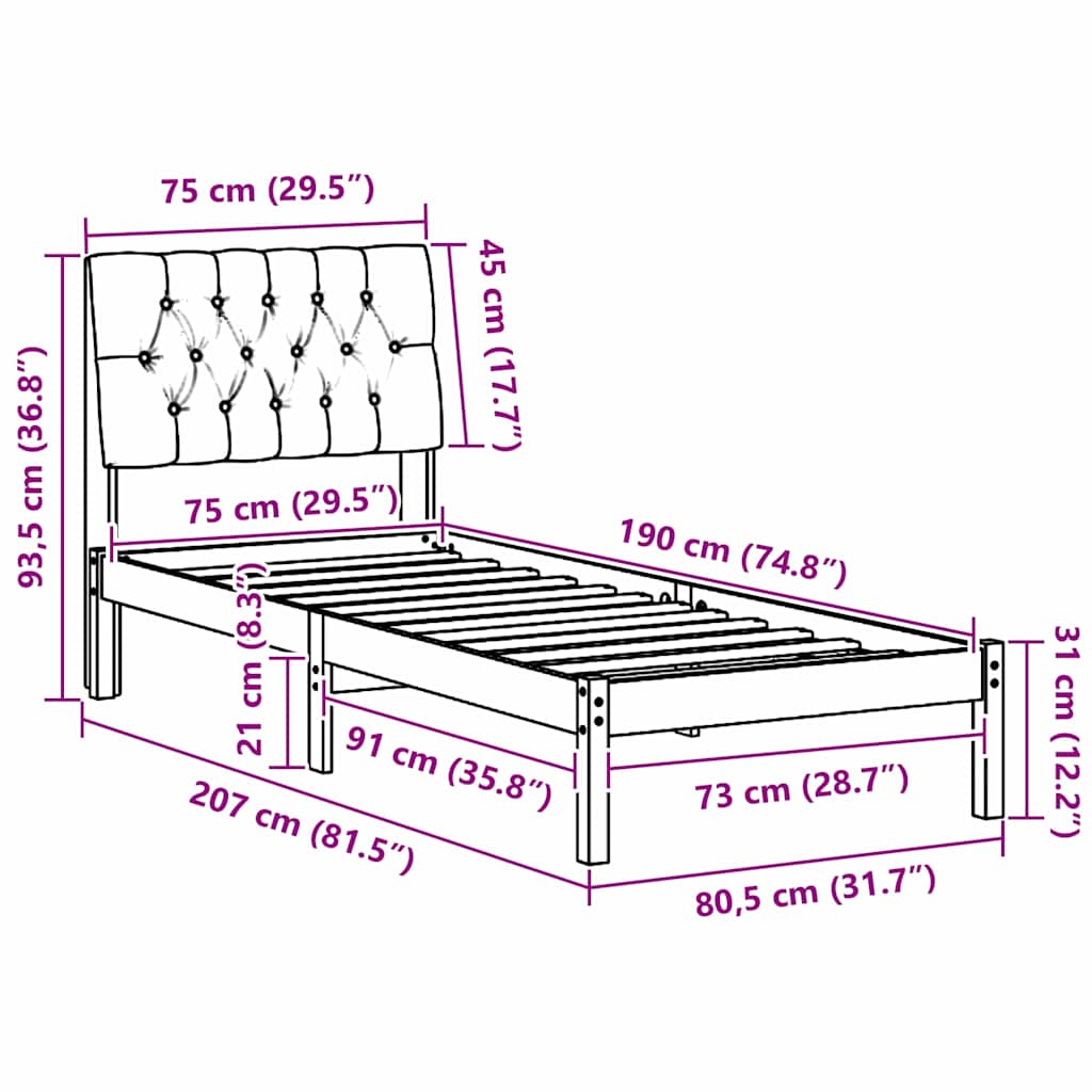 Sängram med Klädd Huvudgavel Vit 75 x 190 cm Massiv furu
