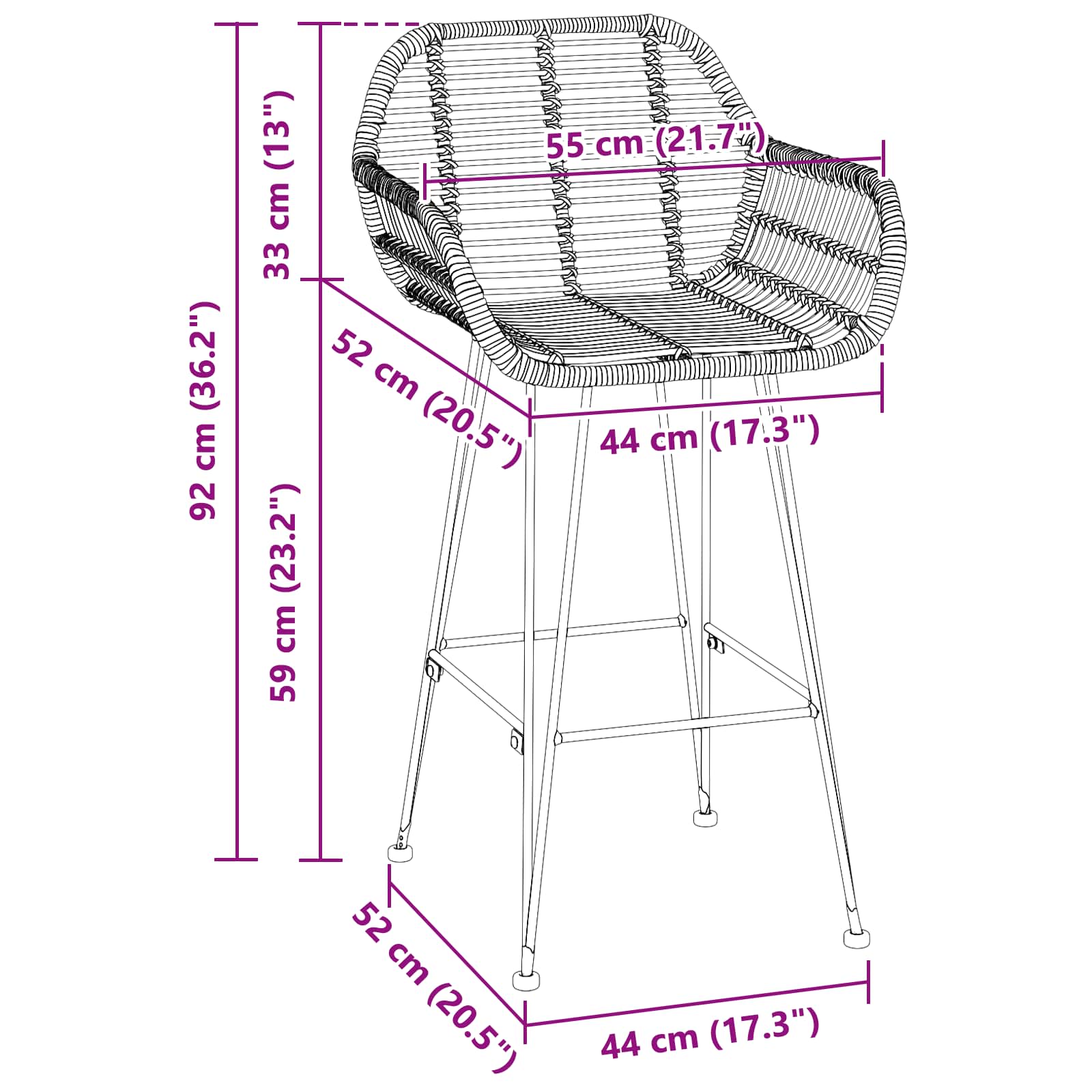 Barstol 2 pcs Naturfärg 55 x 52 x 92 cm Rattan och Järn