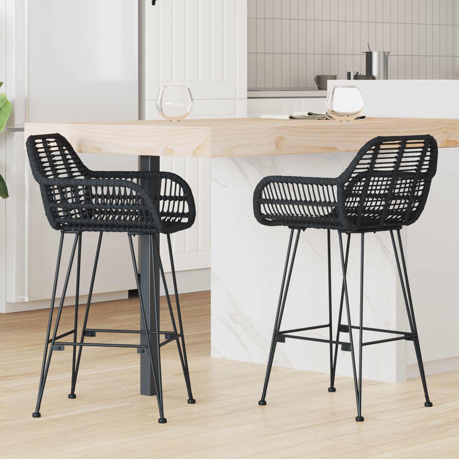 Barstol 2 st Svart 55 x 52 x 92 cm Rattan och Järn