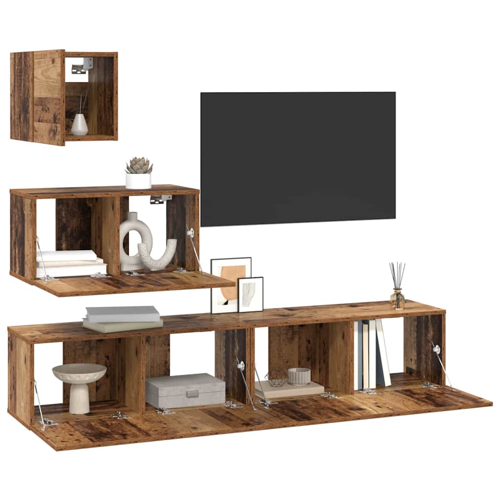 TV-bänkset Väggmonterad 4 pcs Gammalt trä Konstruerat trä
