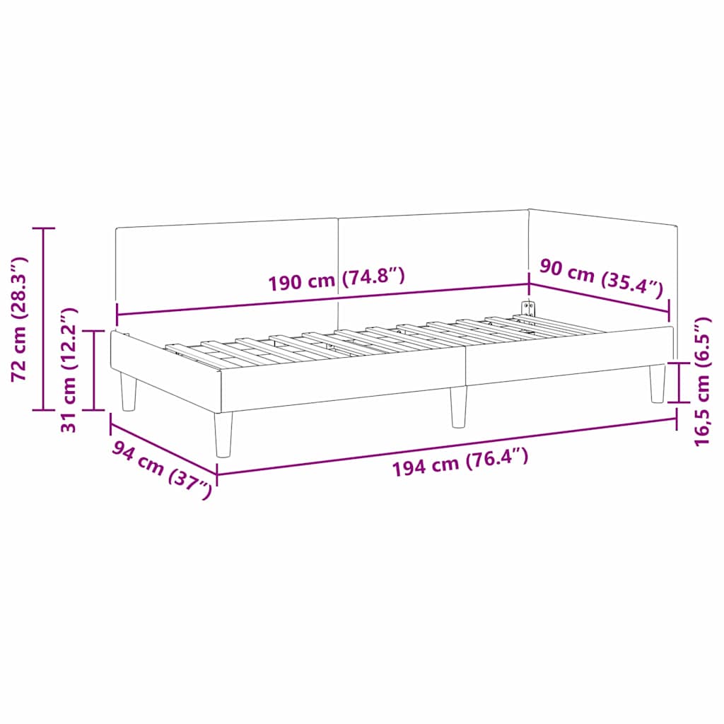 Hörn Sängram med huvudgavel Vinröd 90 cm x 190 cm Sammet