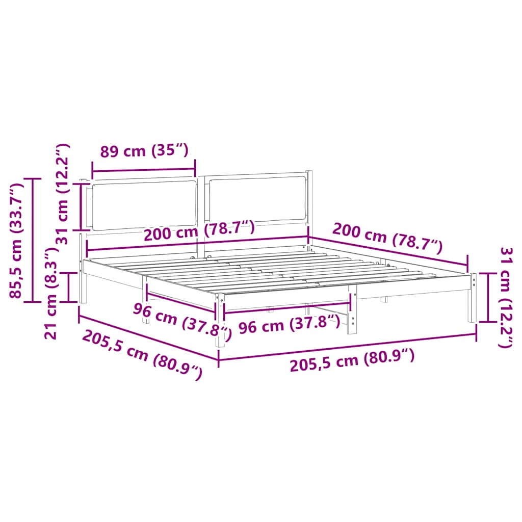 Sängram med huvudgavel Ljusgrå 200 x 200 cm Massiv furu
