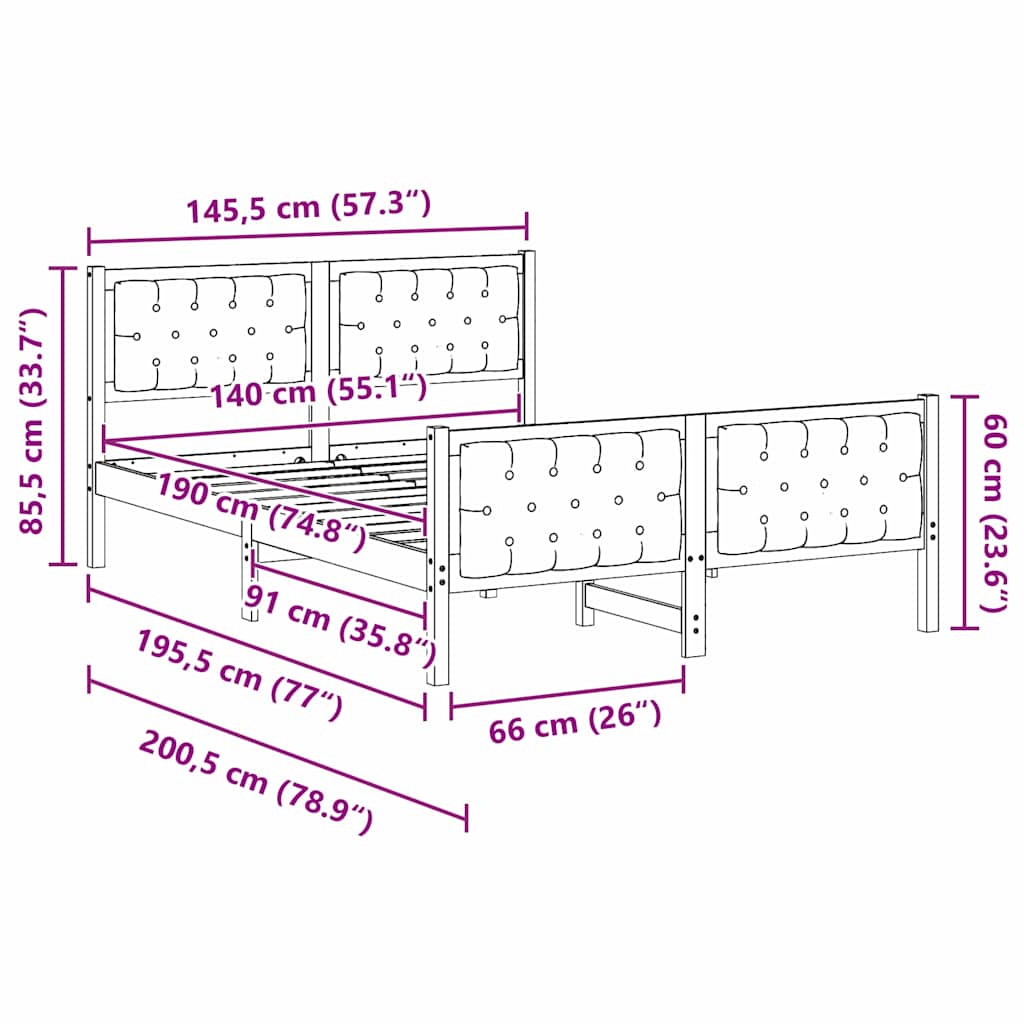 Sängram med huvudgavel Svart 140 x 190 cm Massiv furu