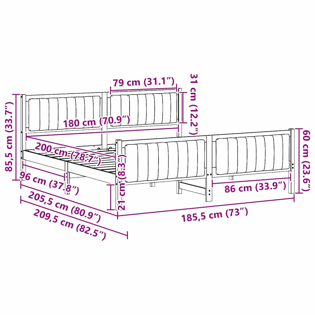 Sängram med huvudgavel Vit och ljusgrå 180 x 200 cm Massiv furu