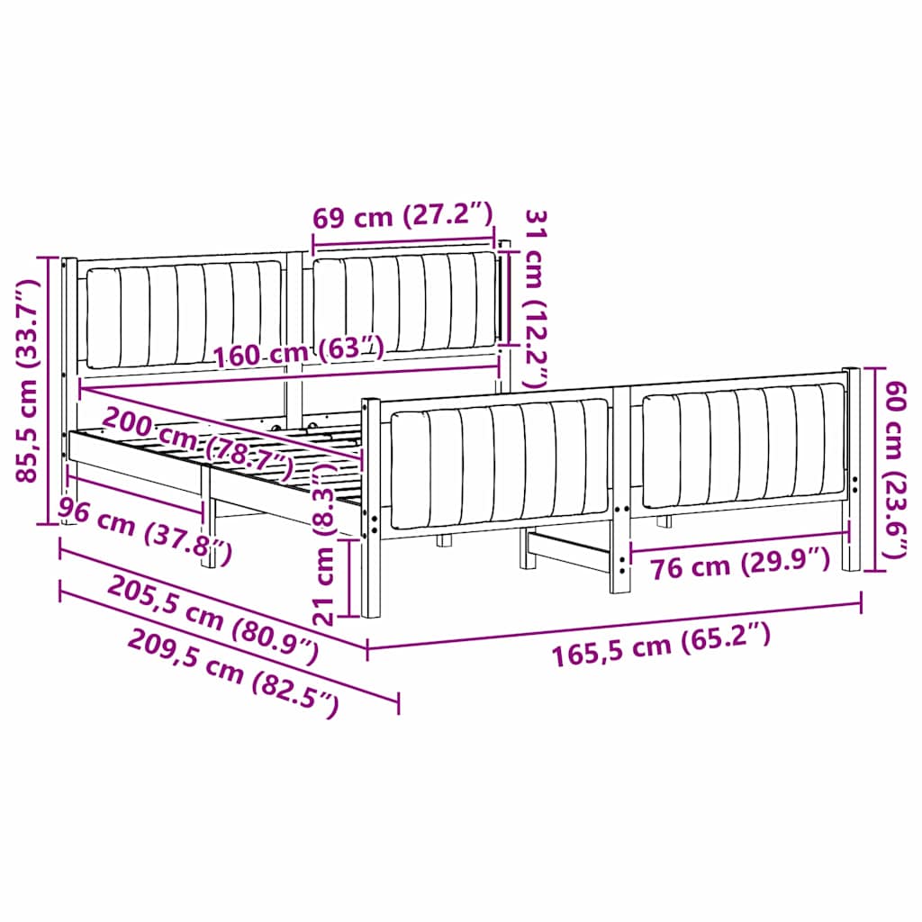 Sängram med huvudgavel Vit och ljusgrå 160 x 200 cm Massiv furu