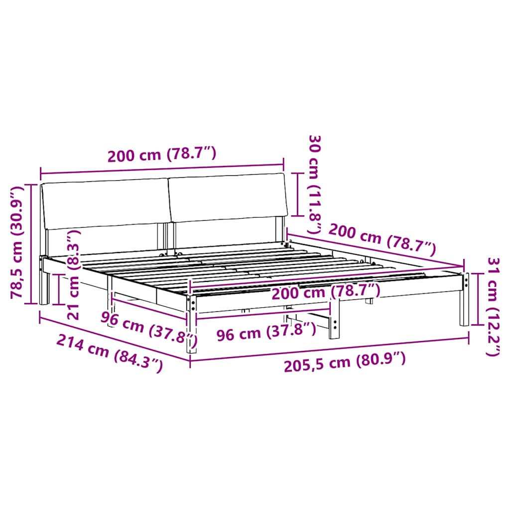 Sängram med huvudgavel Brun och svart 200 x 200 cm Massiv furu