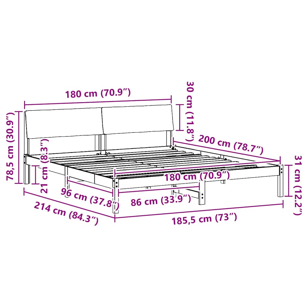 Sängram med huvudgavel Vit och ljusgrå 180 x 200 cm Massiv furu
