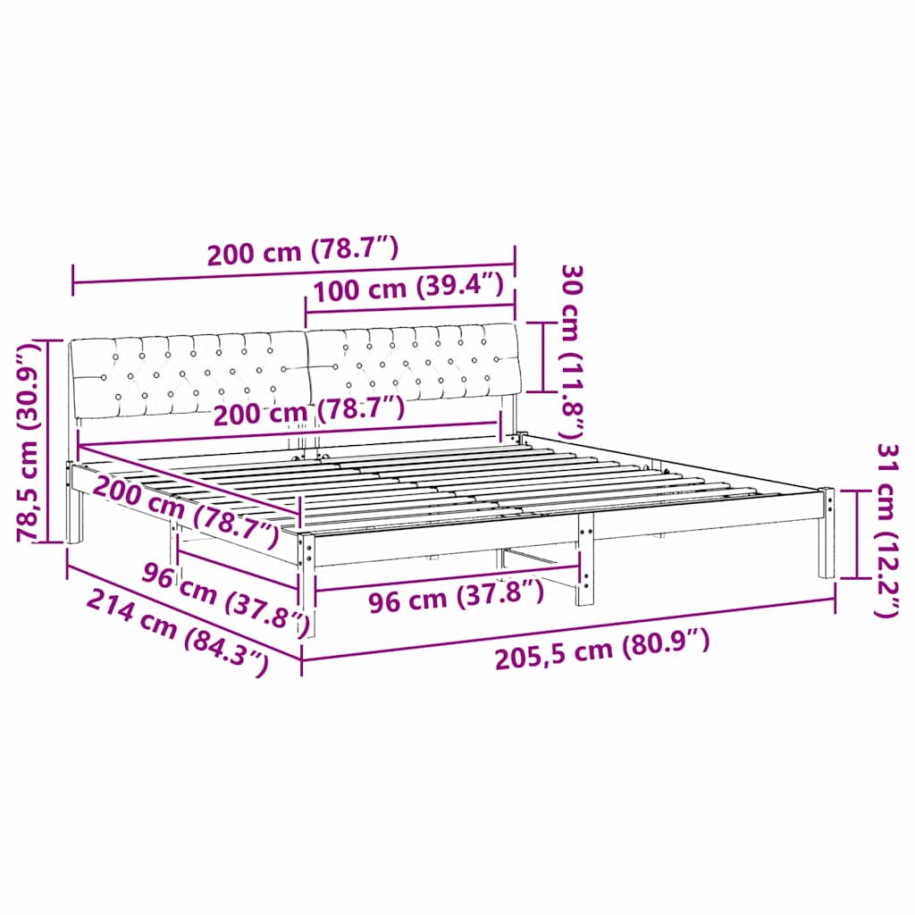 Sängram med huvudgavel Vit och ljusgrå 200 x 200 cm Massiv furu