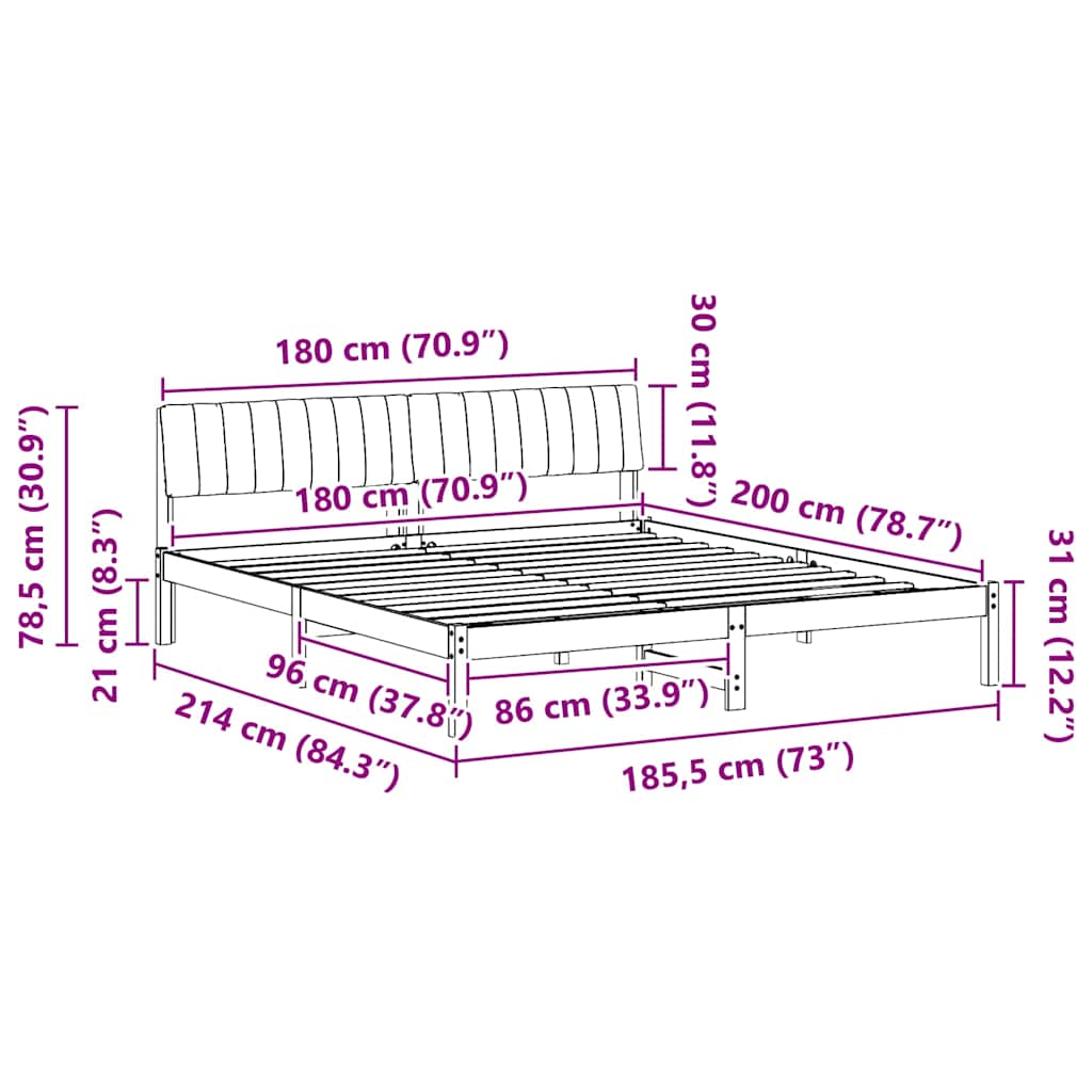 Sängram med huvudgavel Vit och ljusgrå 180 x 200 cm Massiv furu