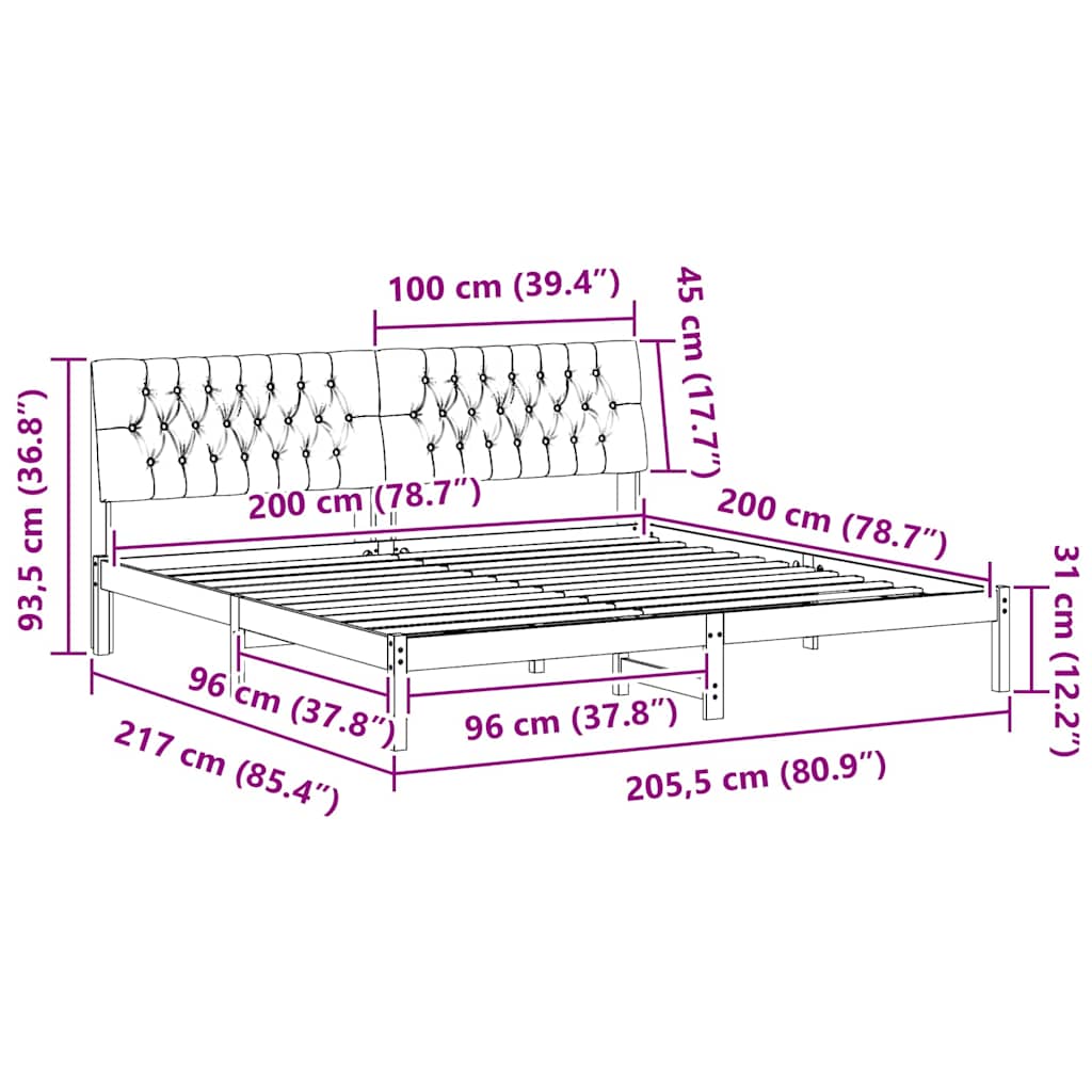 Sängram med Klädd Huvudgavel Vit 200 x 200 cm Massiv furu