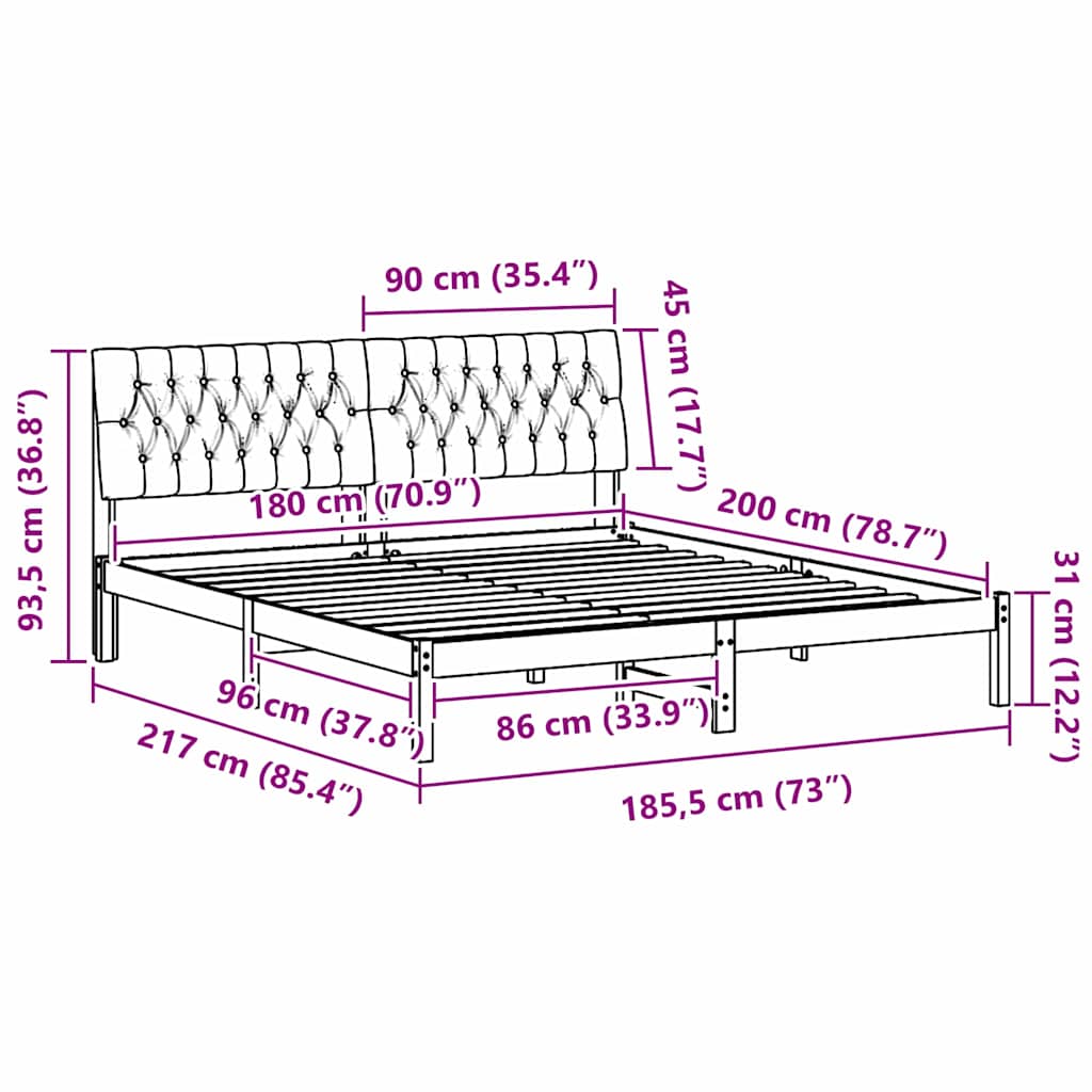 Sängram med Klädd Huvudgavel Vit 180 x 200 cm Massiv furu
