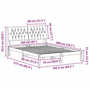 Sängram med Klädd Huvudgavel Brun 160 x 200 cm Massiv furu