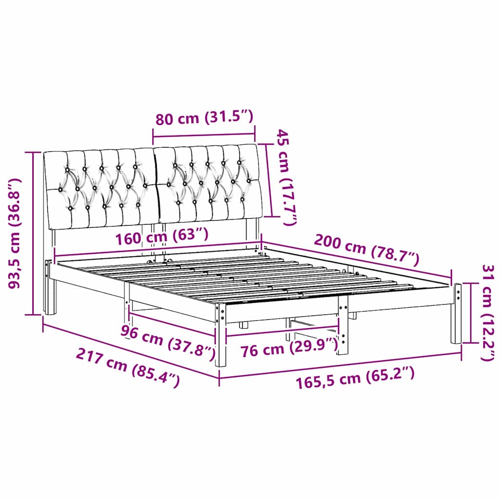Sängram med Klädd Huvudgavel Brun 160 x 200 cm Massiv furu