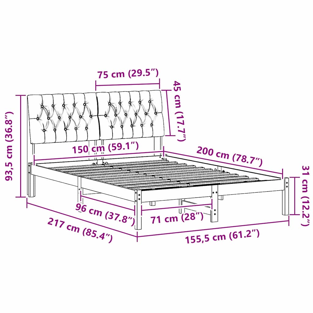 Sängram med Klädd Huvudgavel Vit 150 x 200 cm Massiv furu