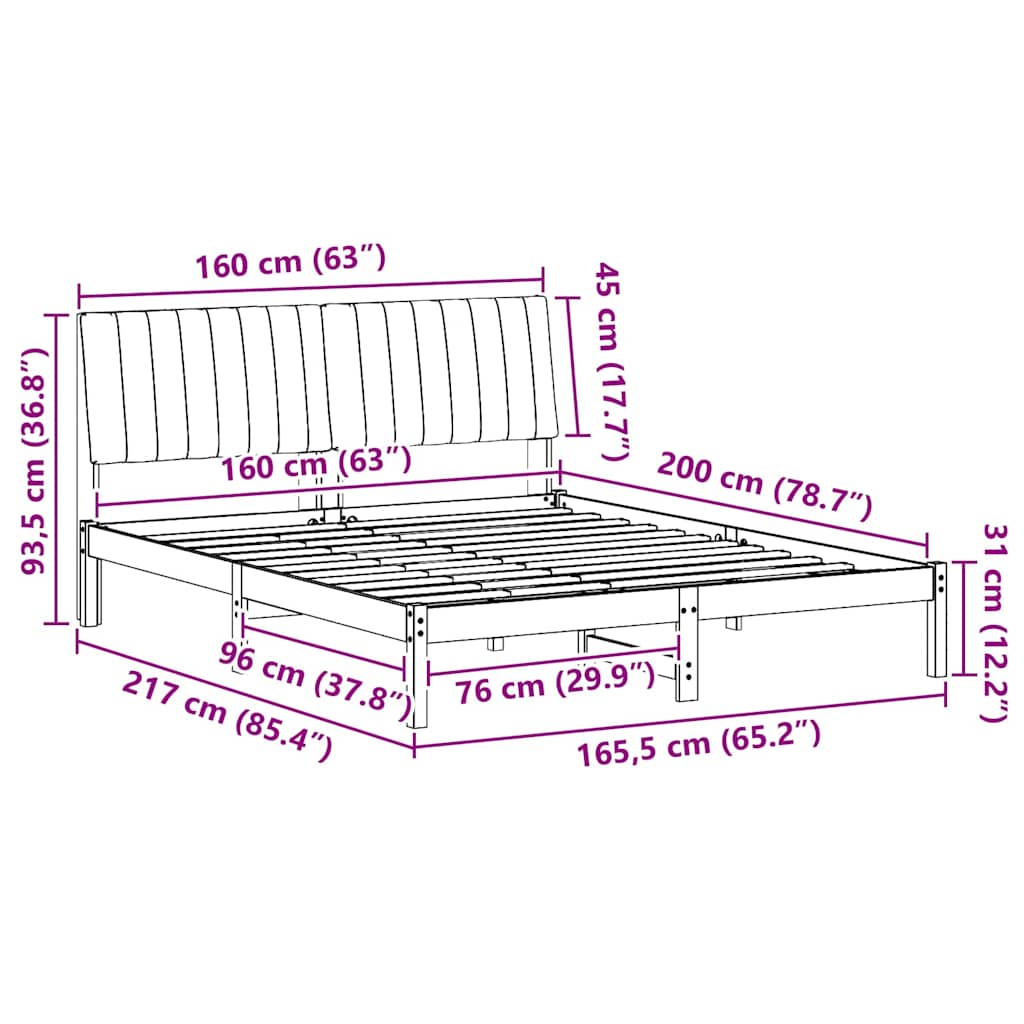 Sängram med huvudgavel Vit 160 x 200 cm Massiv furu