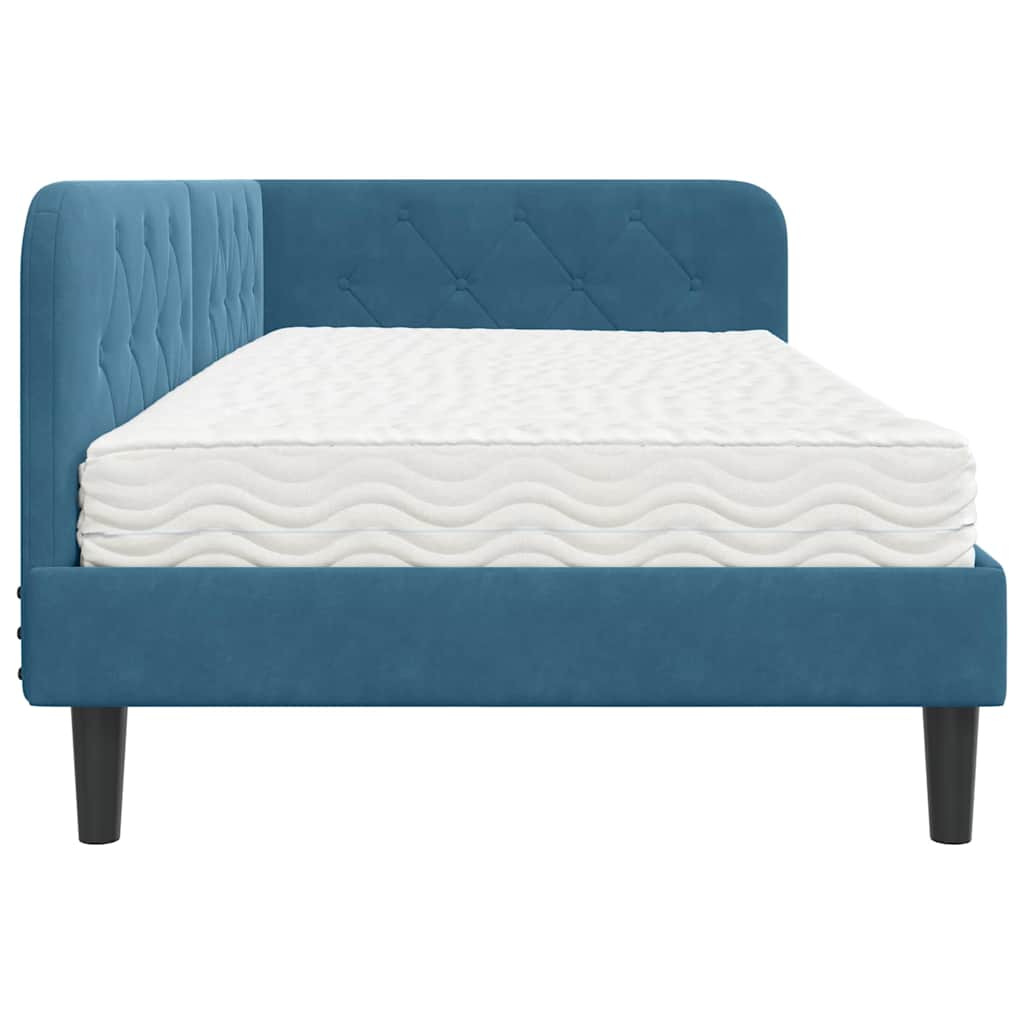 Hörn Sängram med madrass med huvudgavel Blå 90 x 190 cm Sammet