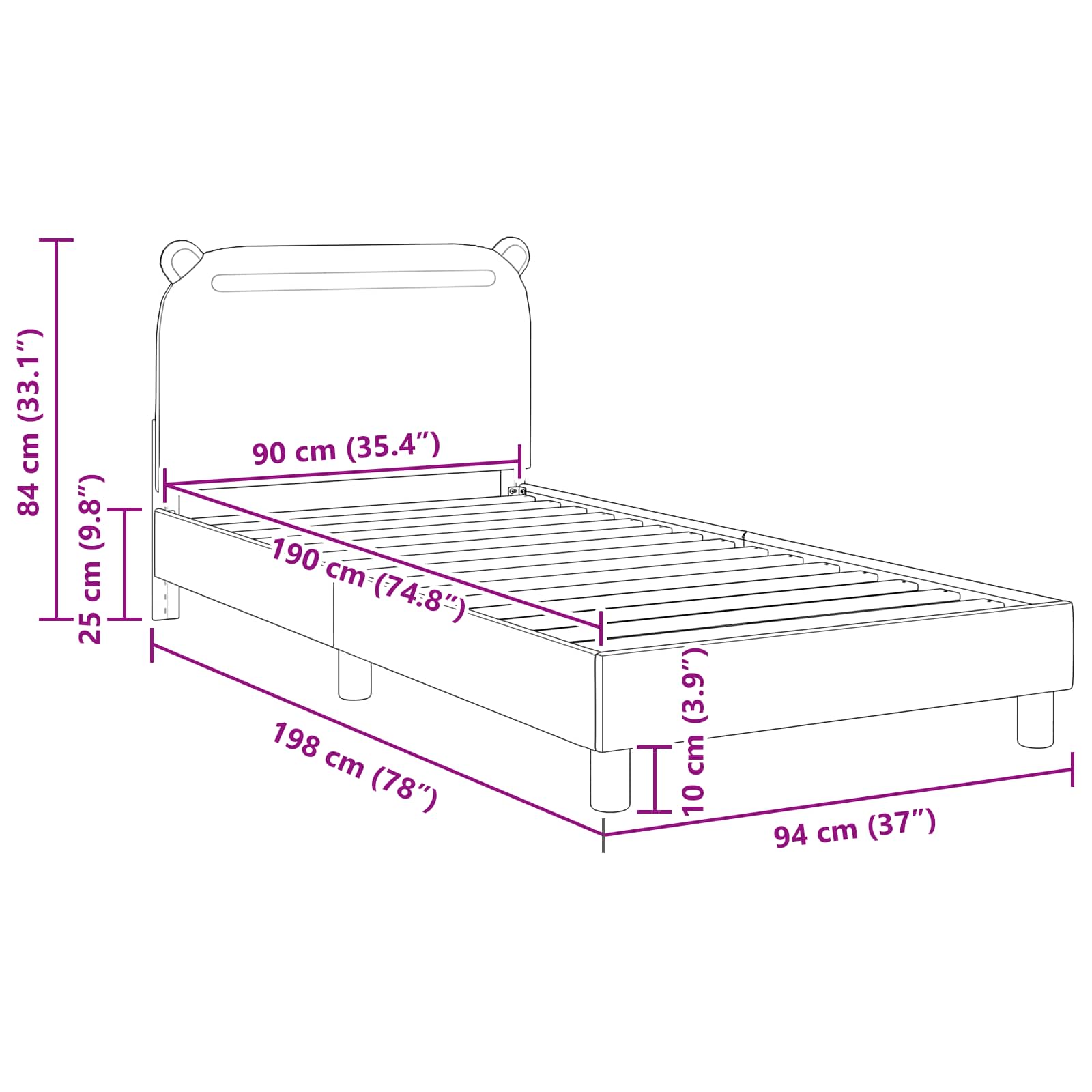 Barnsängram med sänggavel med huvudgavel Rosa 90 x 190 cm tyg