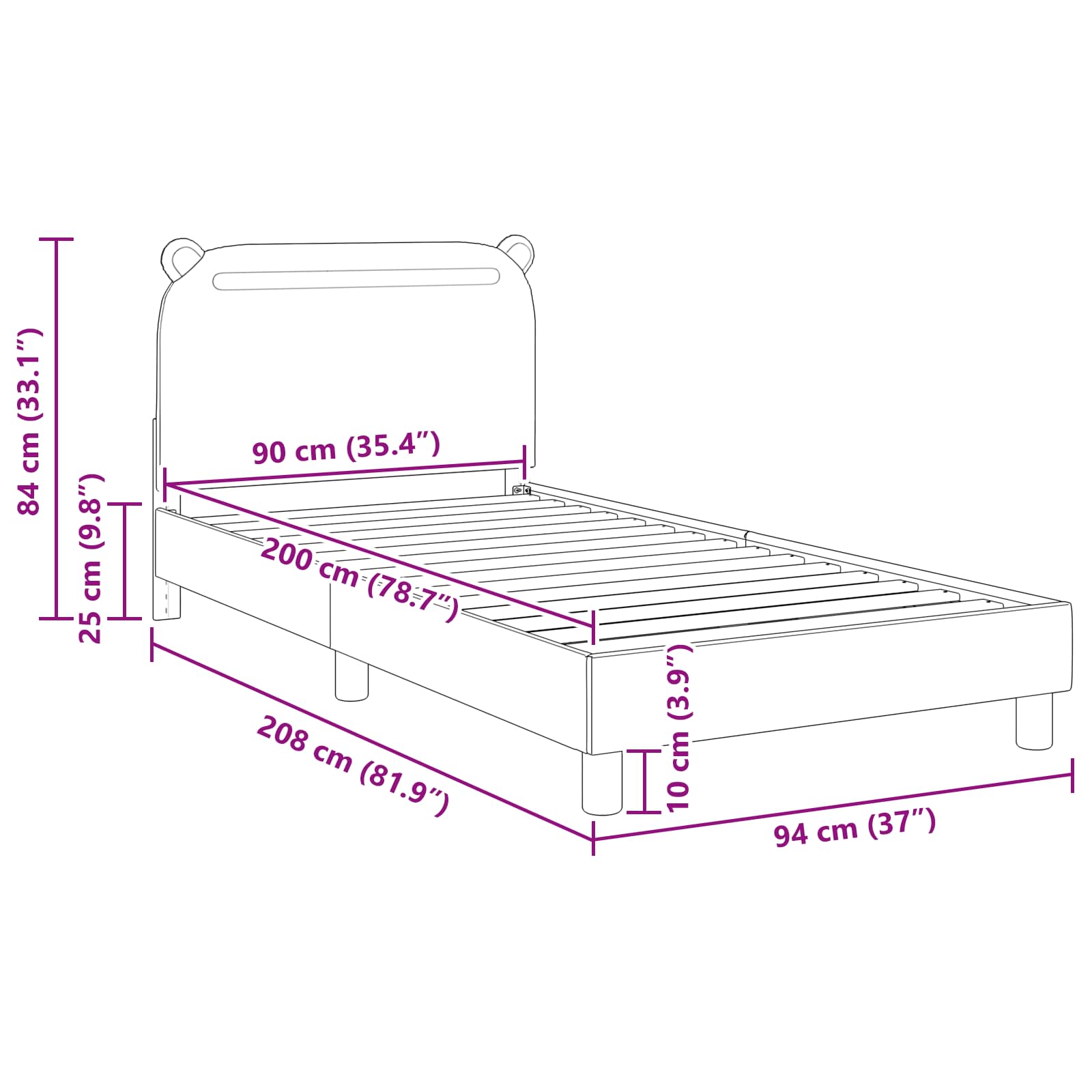 Barnsängram med sänggavel med huvudgavel Rosa 90 x 200 cm tyg