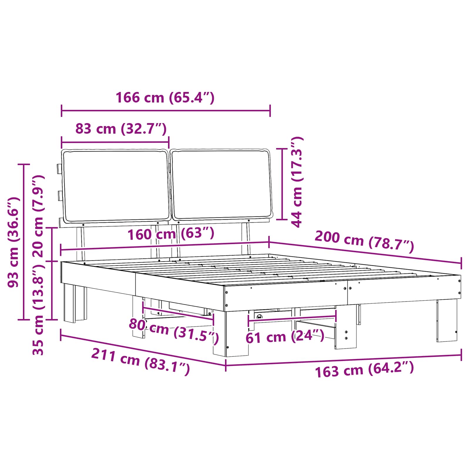 Sängram med Klädd Huvudgavel Taupe 160 x 200 cm Massiv furu