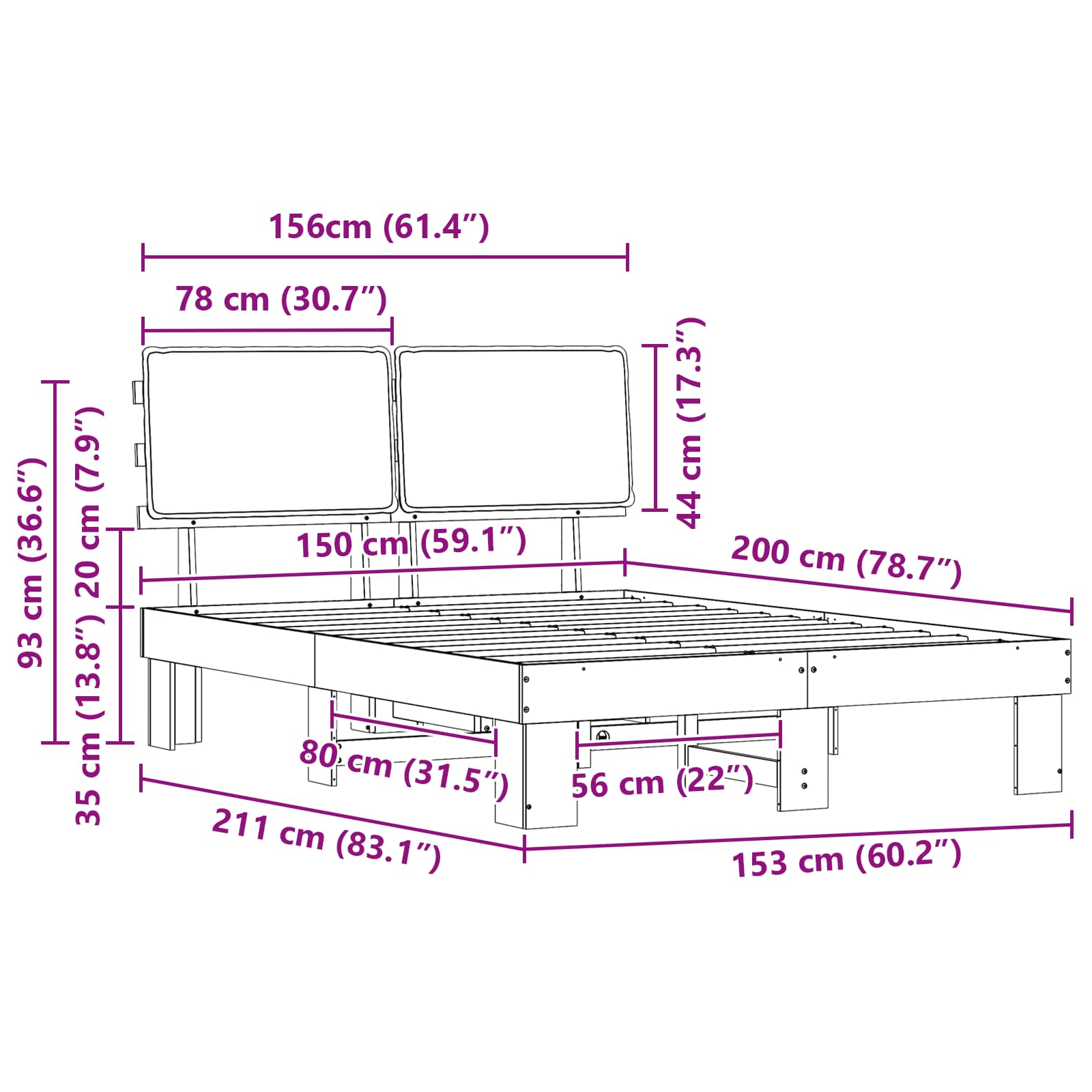 Sängram med Klädd Huvudgavel Mörkgrå 150 x 200 cm Massiv furu