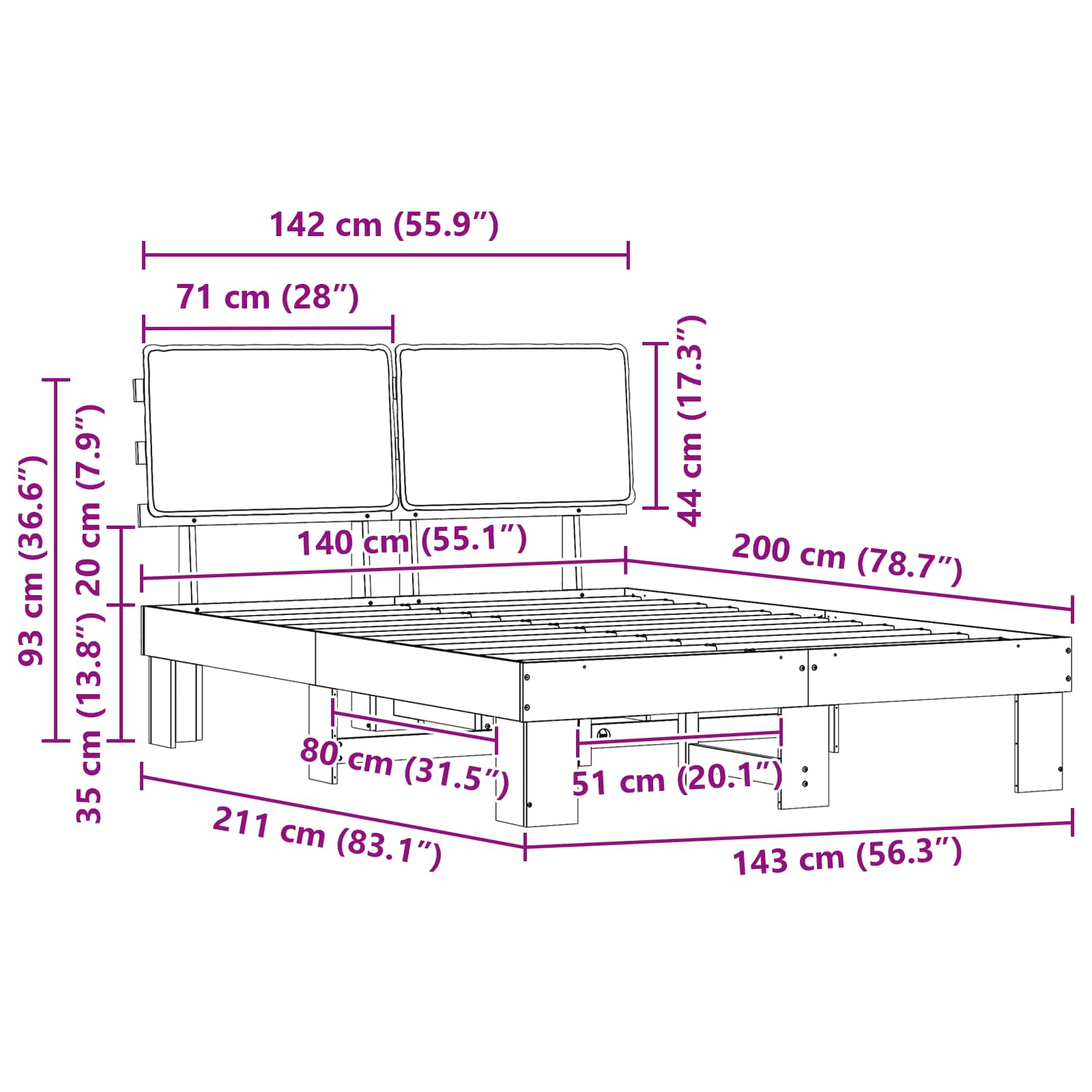 Sängram med Klädd Huvudgavel Mörkgrå 140 x 200 cm Massiv furu