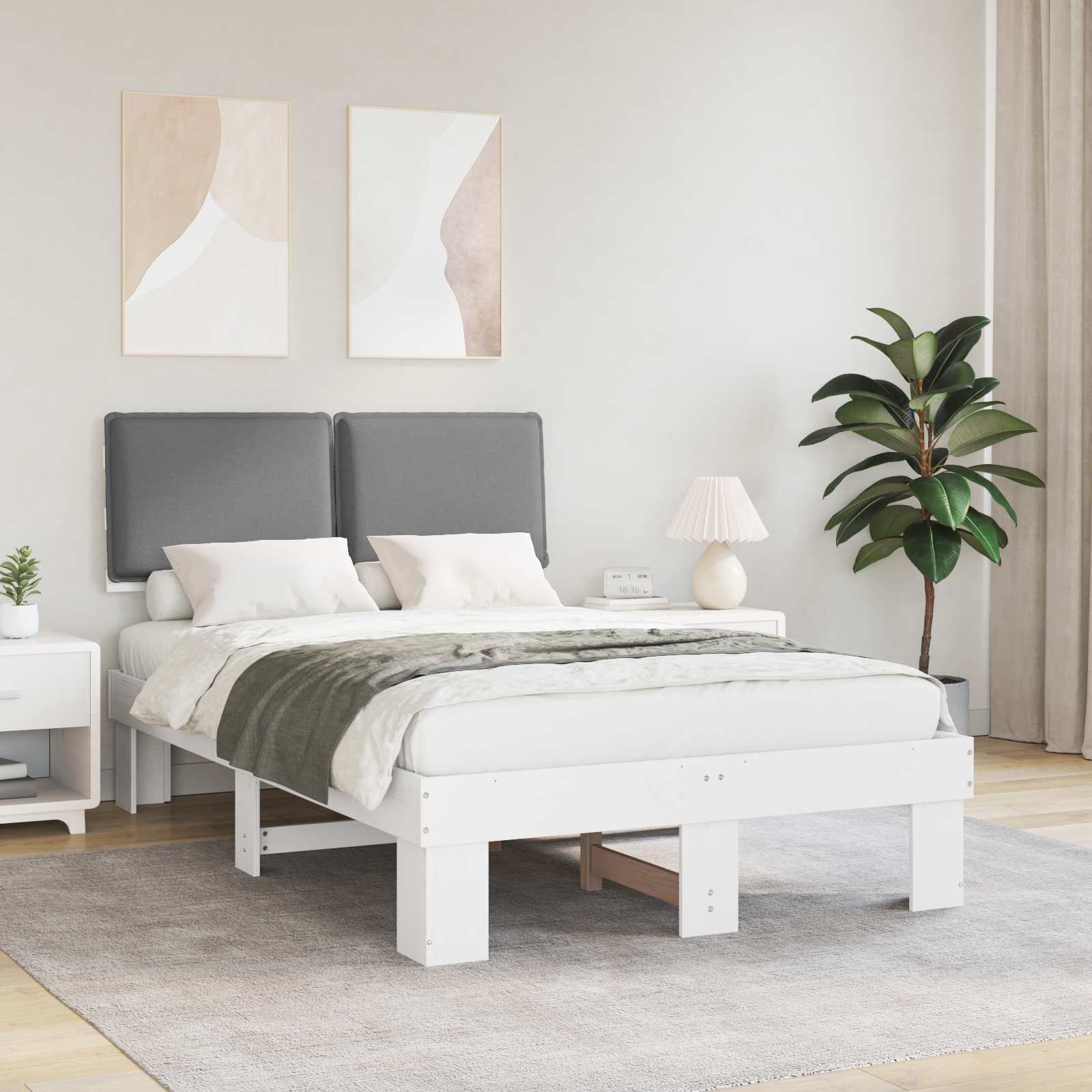 Sängram med Klädd Huvudgavel Ljusgrå 120 x 200 cm Massiv furu