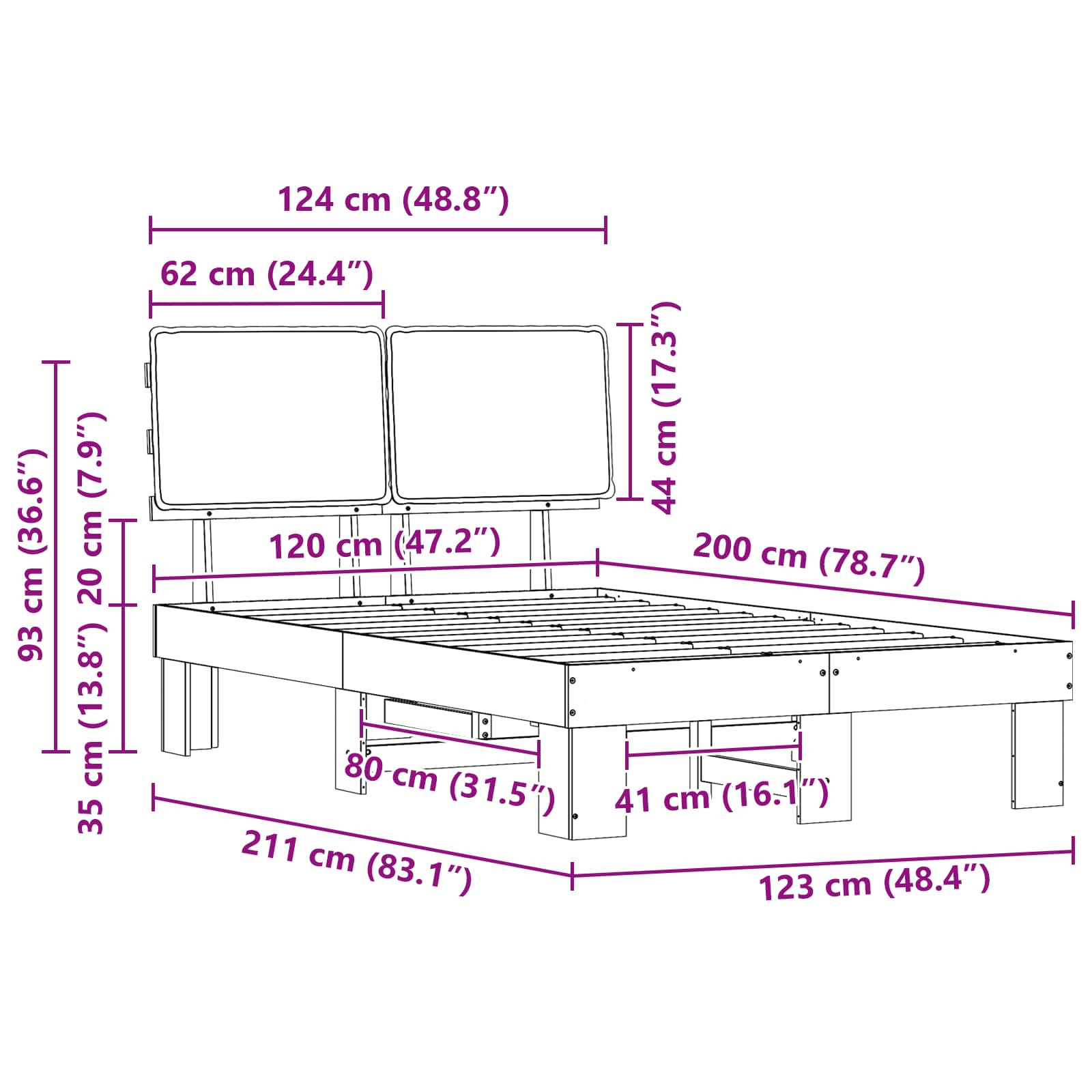 Sängram med Klädd Huvudgavel Ljusgrå 120 x 200 cm Massiv furu