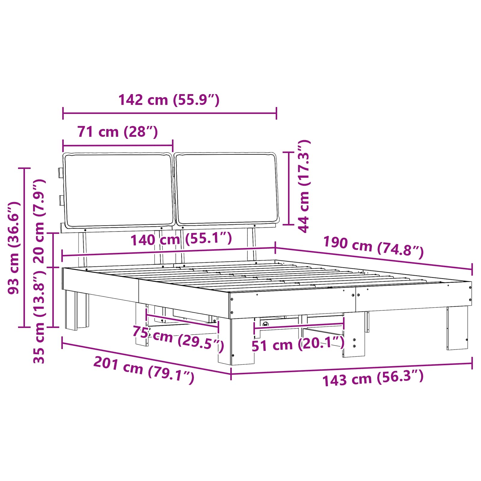 Sängram med Klädd Huvudgavel Ljusgrå 140 x 190 cm Massiv furu