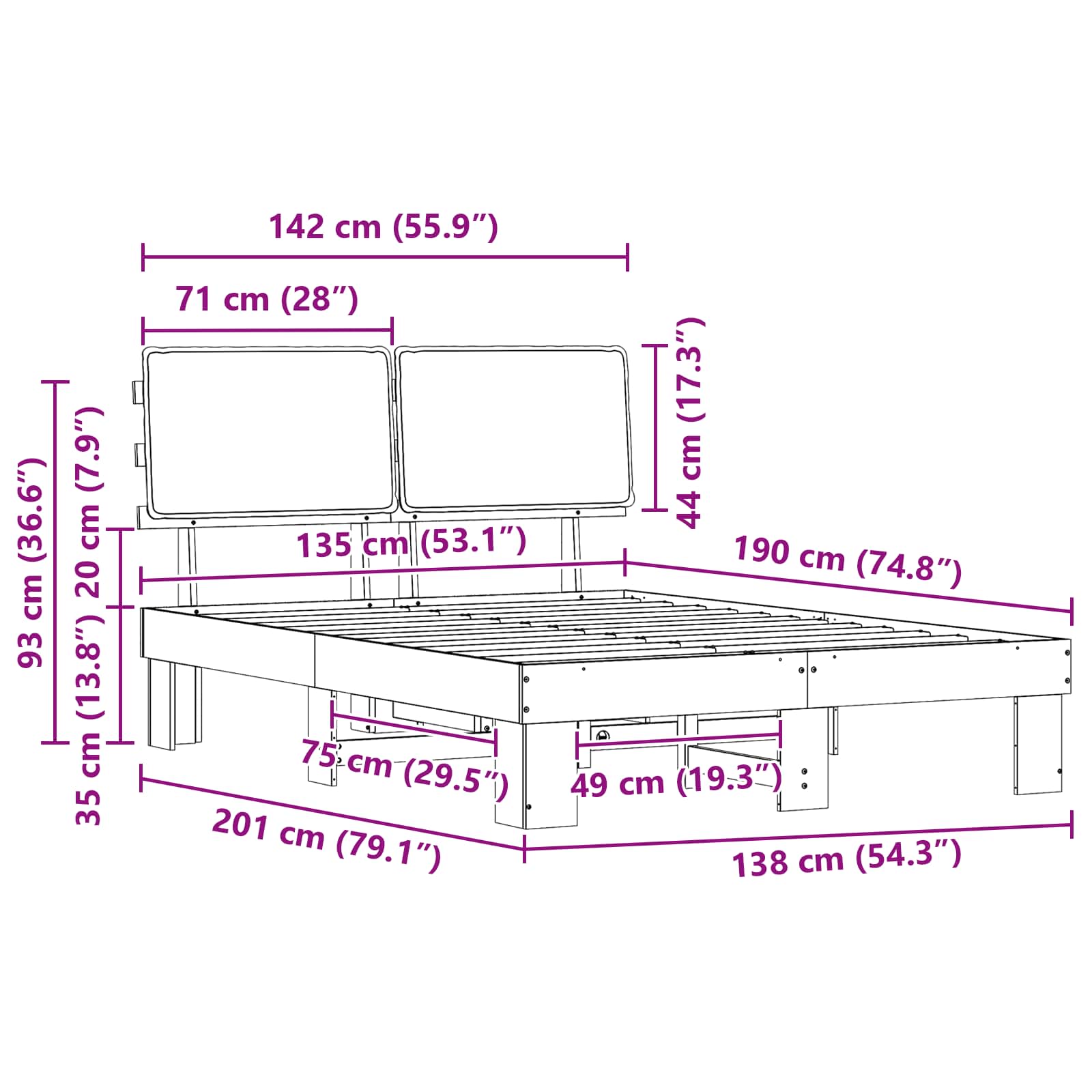 Sängram med Klädd Huvudgavel Svart 135 x 190 cm Massiv furu