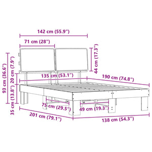 Sängram med Klädd Huvudgavel Svart 135 x 190 cm Massiv furu
