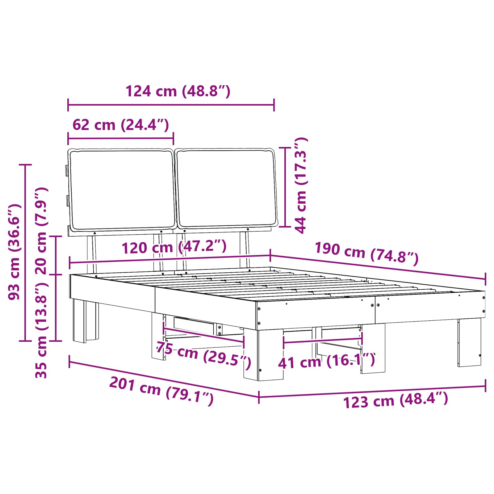 Sängram med Klädd Huvudgavel Mörkgrå 120 x 190 cm Massiv furu