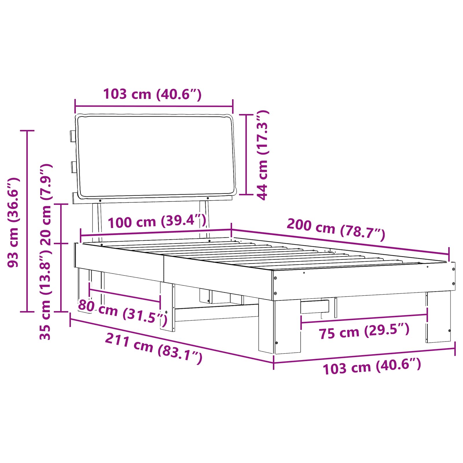Sängram med Klädd Huvudgavel Ljusgrå 100 x 200 cm Massiv furu