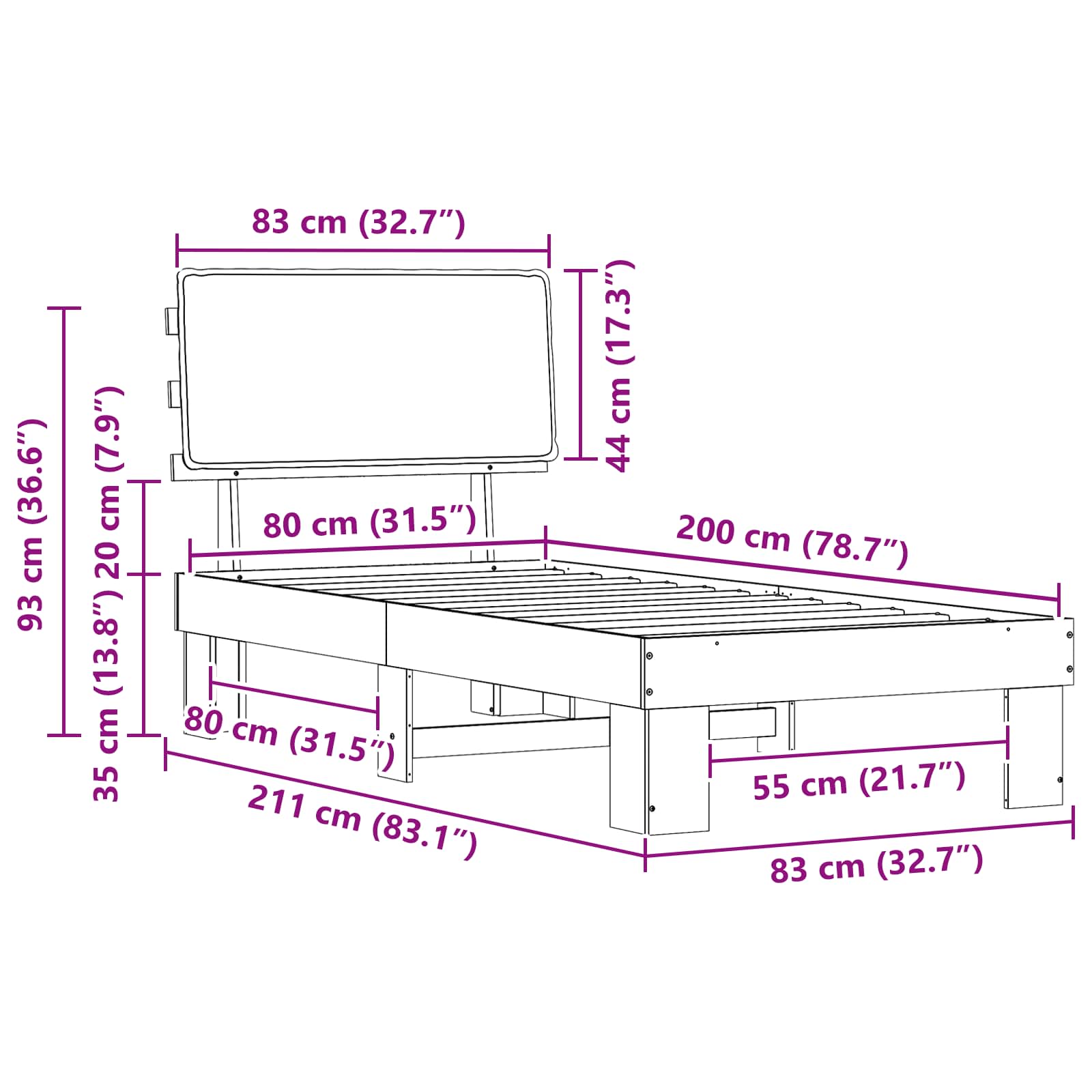 Sängram med Klädd Huvudgavel Mörkgrå 80 x 200 cm Massiv furu