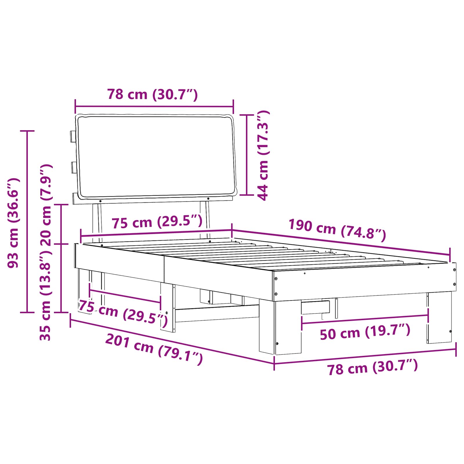 Sängram med Klädd Huvudgavel Svart 75 x 190 cm Massiv furu