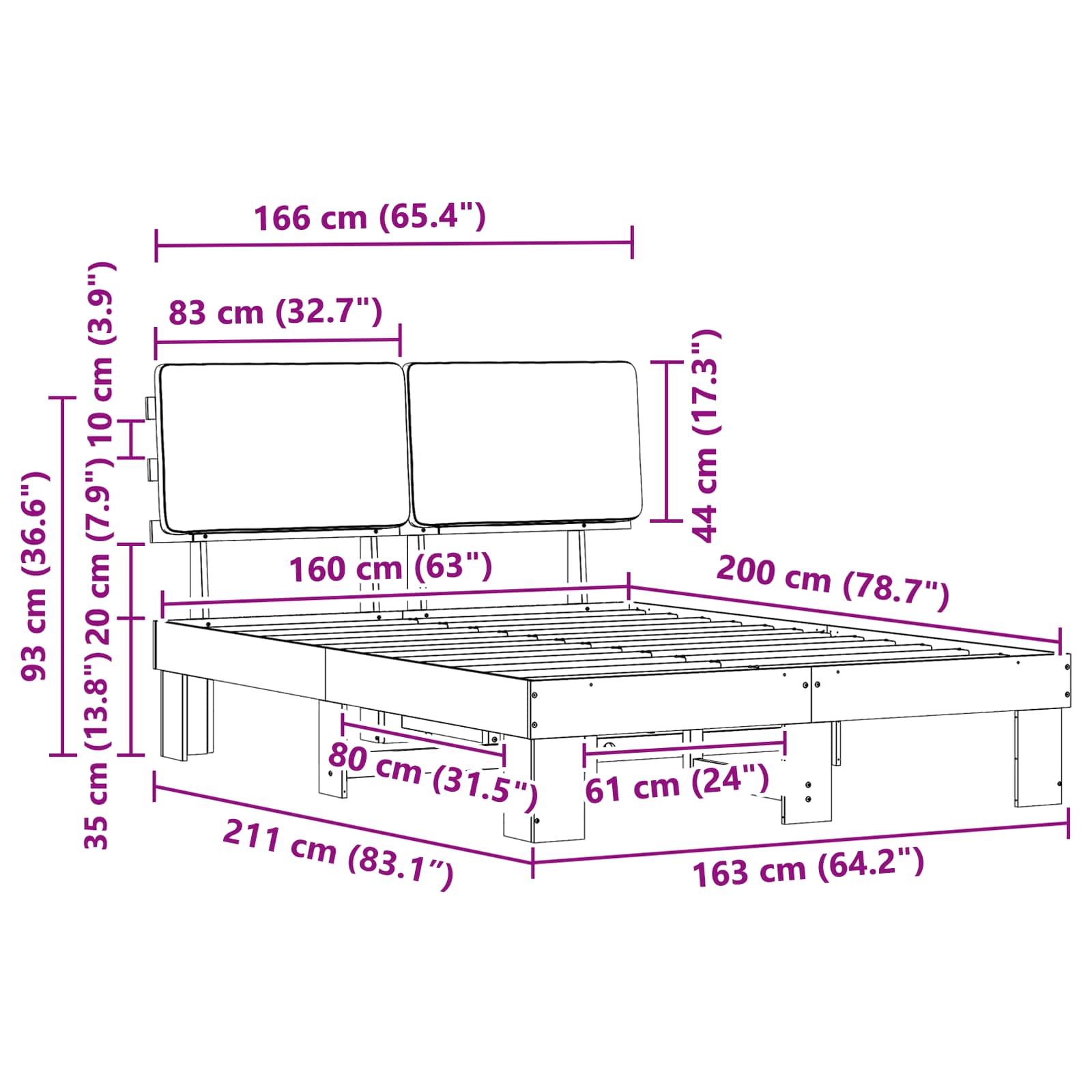 Sängram med Klädd Huvudgavel Mörkgrå 160 x 200 cm Massiv furu